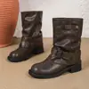 Botas de Motociclista Botas Curtas Botas Plissadas de Cavaleiro Meio da Panturrilha Femininas Retrô Salto Grosso 4cm Fivela de Cinto Botas Empilhadas Sapatos Femininos
