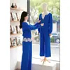 Conjunto Casual Azul para Mulheres 2025 Primavera & Outono Novo Conjunto de Duas Peças de Alta Qualidade com Blusão de Renda Patchwork e Calça de Pernas Largas Redutor de Idade