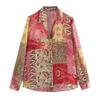 Zatrax-2024 Moda feminina de verão europeia e americana nova estilo europeu e americano retalhos estampada casual manga longa gola lapela camisa