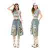 Jeans destroyed retrô americano para mulheres, novo para o verão de 2026, calça cropped de perna larga desfiada estilo hip-hop de rua