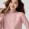 Baicai Veludo 100% Caxemira Pura Novo Estilo Malha Suave Gola Semi-Alta Suéter de Renda Aplique Camada Base Top