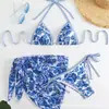 Porcelana Azul y Blanca Nuevo Bikini de Tres Puntos Divididos de Comercio Exterior Traje de Baño para Mujer Sexy Espalda Descubierta Cuello con Cordones Traje de Baño Biki
