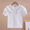 Traje de Verano para Niñas Dos Piezas Dulce Estilo Coreano Verano Blanco Camisa de Manga Corta Falda de Mezclilla Falda Plisada