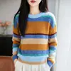 Suéter de tricô listrado para mulheres, curto, gola redonda, de caimento solto, top de tricô casual e estiloso, com uma vibe descontraída e um efeito emagrecedor