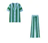 Comercio Exterior Transfronterizo Verano 2026 Nuevo Estilo Francés Simple Versátil Tejido Rayado Bloque de Color Cuello en V Manga Corta Top + Conjunto de Pantalones Largos