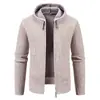 Cárdigan de punto con capucha y cremallera para hombre, otoño invierno, color liso, suéter casual, engrosado con felpa, manga larga, suéter de lana