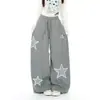 Calça casual bordada com estrelas estilo americano, unissex, calça longa reta retrô de verão, calça larga wide-leg high-street para dança jazz