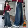 Jeans de Pierna Ancha Engrosados de Terciopelo Plus para Niñas Nuevo Estilo Otoño e Invierno Niña Cintura Alta Sueltos Azules Ropa de Otoño e Invierno Pantalones Largos Bordados
