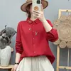 Camisa feminina de manga longa em gaze de algodão de dupla camada, estilo artístico e fresco, bordada, macia, amiga da pele, respirável, top de corte solto