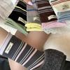 Calcetines de Rayas y Bloques de Color de Longitud Media para Mujer, Estilo Ins de Otoño Temprano, Etiqueta de Tela con Letras, Empalmados, Falsos de Dos Piezas, Estilo Holgado