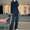 Conjunto de Duas Peças Outono/Inverno 2026 Novo Suéter de Tricô de Lã Pura Engrossado com Barra Dobrada Gola Redonda e Calça de Cintura Alta de Cor Sólida Wide Leg