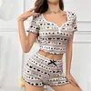 Comércio Exterior Novo Transfronteiriço Europeu e Americano Feminino Roupa de Casa Estampa de Coração Manga Curta Conjunto de Shorts Casual Canelado Conjunto de Pijama