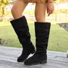 Comercio Exterior Europeo y Americano Botines Sherpa Tallas Grandes Botas Vaqueras Botas de Moda para Mujer Caña Alta Punta Redonda Color Sólido Tacón Grueso Suela Plana Tela