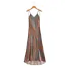 Vestido de tirantes con estampado de textura de satén de seda en la cintura y escote en V para mujer, nuevo de primavera 2025, transfronterizo europeo y americano