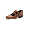 Sapatos Mary Jane Quadrados de Ballet Francês Resistentes e Seguros com Fivela Dupla em Couro Bovino 2026 com Salto Baixo Bloco Sapatos Femininos de Couro Genuíno