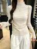 Camiseta Base de Rayón Cepillado de Cuello Medio para Mujer, Primavera, Otoño, Invierno, Color Sólido, Corte Ajustado, Canalé, Plisado, Ceñido a la Cintura, Elástico, Venta al por Mayor