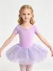 Ropa de baile infantil transfronteriza, algodón puro, absorbente de sudor, manga larga, manga corta, detalle de lazo, cierre de broche, falda de ballet de malla multicapa
