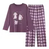 Pijama de algodón para mujer de manga larga con sujetador incorporado, con cuello redondo de dibujos animados, adecuado para primavera y otoño, dulce y lindo, y se puede usar como ropa de estar en casa