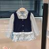 Nova Camisa Falsa de Duas Peças Outono para Menina Camisa de Boneca para Menina Camisa de Manga Longa Infantil Roupa Infantil Tendência
