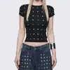 Camiseta Curta Perfurada Estilo Punk Vintage Desgastado, Cropped Cor Sólida Slim Fit com Design Único para um Visual Apimentado