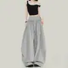 Cordón elegante, dobladillo con volantes, pantalones de pierna ancha, pantalones largos de corte holgado, pantalones casuales para mujer, colección de otoño, cintura alta, gris, corte relajado
