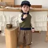 Conjunto de Tricô Estilo Coreano para Bebês e Crianças Pequenas, Bloco de Cores, Manga Raglan, para Meninos e Meninas, Outono, Solto, Casual, Calça de Perna Larga, Conjunto de Duas Peças