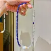 Colar Clavícula de Lápis Lazúli Natural, Cristal Branco e Pérola Barroca de Água Doce