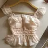 Foto Real de Blusa de Encaje Rosa Puro Patchwork de Manga Corta para Mujer, Nuevo Top Corto Estilo Dulce Francés de Verano