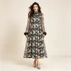Stock Listo Malla de Encaje Bordado Pesado Vestido Largo Cuello Alto Retro Mangas de Campana Elegante Vestido de Banquete para Mujer