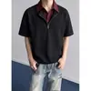 Camisa Polo Falsa de Dos Piezas de Manga Corta para Hombre Estilo Americano, Camiseta de Verano con Bloques de Color Patchwork y Cuello, Manga Corta Acortada Estilo Universitario para Pareja