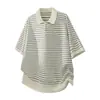 Camiseta de Punto Versátil de Manga Corta con Cuello Camisero a Rayas de Bloques de Color Estilo Artístico Retro Nuevo para Hombre