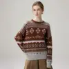 Suéter de Tricô Jacquard Fair Isle Retrô Francês Gola Redonda Cashmere Estilo Preguiçoso Espessado Quente Solto Camada Base Malharia