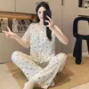 Pijama para Mujer, Primavera y Otoño, Estilo Coreano Ins Algodón Manga Corta Pantalón Largo, Dulce Casual Rayas Conjunto de Ropa de Casa para Niña