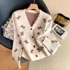 Suéter Francés de Punto Pesado con Cuentas en V para Mujer Otoño/Invierno Nuevo Estilo Cardigan Suéter Abrigo con Lazo Tejido Jacquard para Mujer