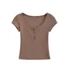 Camiseta Estilo Hot Girl com Decote Grande e Manga Curta para Mulheres, Top Curto de Verão Fino com Cinco Botões, Justo, Sexy, Roupa Íntima Top Ins