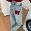 Calça Jeans Wide Leg para Mulheres, Bordada de Cintura Alta com Design de Nó Chinês, Estilo Europeu e Americano, Moda de Rua Personalizada, Algodão de Corte Reto