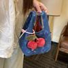 Linda Bolsa de Mezclilla Nueva con Bordado de Gatito Bolsa Portátil para Guardar el Almuerzo Bolsa de Muñeca para Salir Bolso de Mano de Color Contrastante