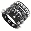 Pulseira Punk Exagerada Transfronteiriça com Rebites Pontiagudos Afunilados, Pulseira de Couro de Três Fileiras, Pulseira de Caveira Rock Escuro
