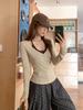 Camiseta Base de Manga Larga Ajustada con Cuello en V Color Avena para Mujer Primavera y Otoño 2026 con Almohadillas en el Pecho, Top de Tirantes con Amarre en el Cuello