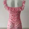 Conjunto de Malla Transparente Estilo Europeo y Americano Lencería Floral Sexy Estampado de Malla Fruncido Conjunto de Camisón Seductor