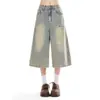 Jeans Cropped Americano Retrô Desgastado Lavado com Estampa de Estrelas para Mulheres, Verão, Caimento Solto, Emagrecimento, Calça Versátil de Pernas Largas Retas de Comprimento Médio