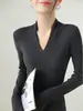 Elegante Suéter de Punto Ajustado con Cuello en V y Textura de Ondas de Agua para Mujer, Jersey de Lana Básico de Manga Larga para Otoño e Invierno
