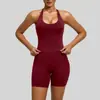 Conjunto de shorts esportivos e de fitness de cintura alta transfronteiriços, calças de ioga que levantam o bumbum, top sem mangas com decote halter e costas cruzadas, conjunto modelador e emagrecedor