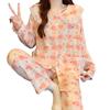 Pijama de Algodão Nuvem Manga Longa Meninas Primavera Renda Doce Menina Estilo Princesa Duas Peças Amor Xadrez Roupas de Casa Atacado