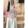 Top de Hilo de Seda Helada con Mangas de Vuelo Ajustado Casual Holgado Sin Mangas Suéter Calado Estilo Francés Camiseta de Manga Corta de Verano Moda para Mujer