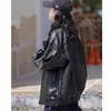 Chaqueta de Cuero Estilo Americano Cremallera Negra Botones Solapa Estilo Pareja Atractivo Estilo Motociclista Chaqueta de Cuero Ropa de Abrigo Temporada Otoño Invierno Mujer
