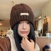 Gorro de lana trenzada estilo japonés retro para mujer, gorro de punto grueso y cálido para otoño e invierno, gorro holgado con protección para las orejas y protección contra el frío para la cara.