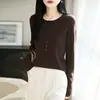Estilo Novo Primavera e Verão 60 Fios Lã Fina Gola Redonda Multi-Botões Tricô Manga Longa Cor Sólida Solto Suéter Básico para Mulheres