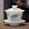 Tigela de Cerimônia do Chá Queimada Lisa de Jade Gordura de Ovelha Pintada à Mão Antiescaldante Feita à Mão Porcelana Branca Tigela com Tampa de Três Peças Casa Escritório Tigela de Cerâmica para Preparo de Chá