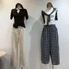 Calça xadrez versátil estilo japonês com textura de bolhas, que rejuvenesce, para mulheres, fina de verão, cintura elástica, folgada, modeladora, cropped, casual